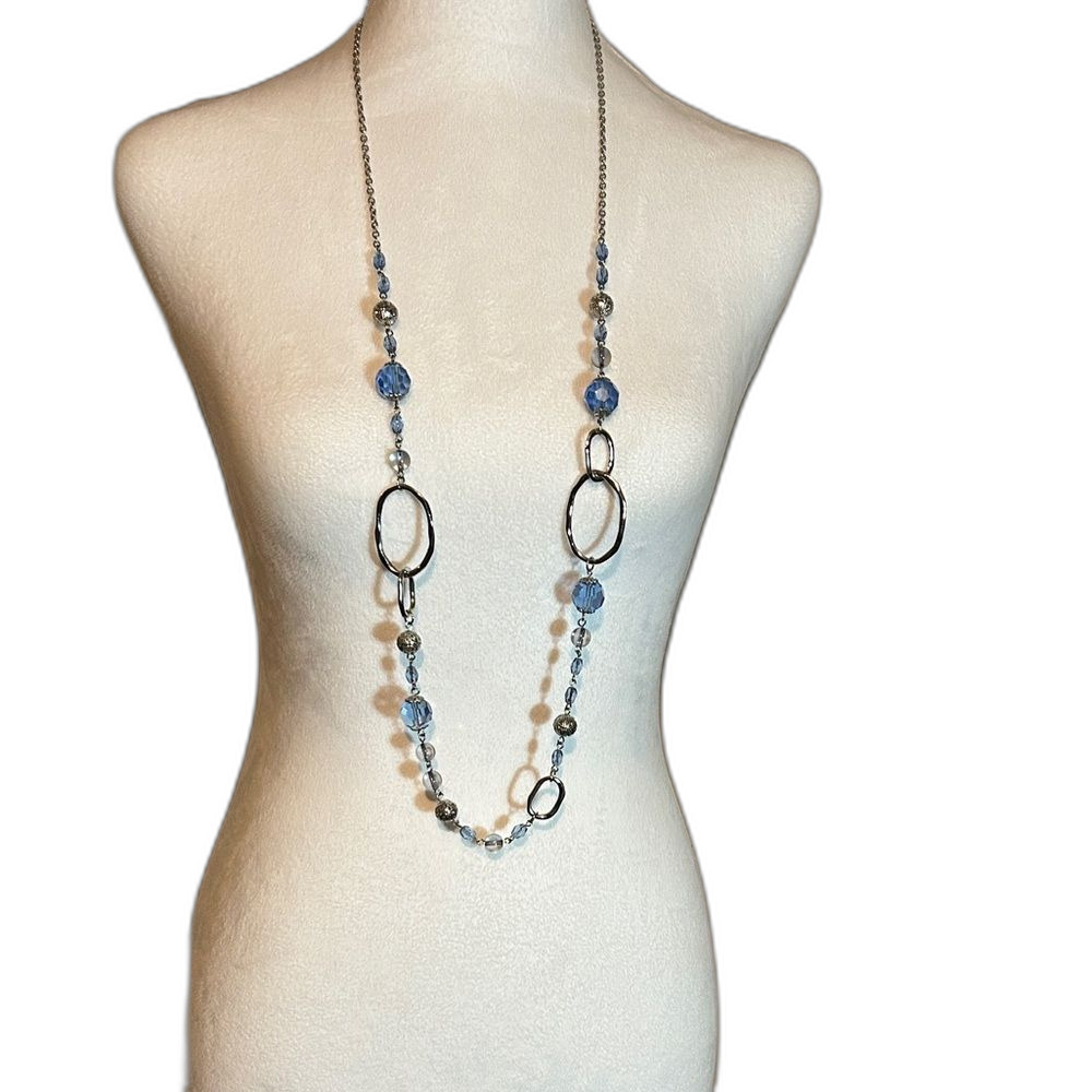 Lia Sophia AIRES Vintage Long Layering Necklace Silver Tone Blue Faceted Beads